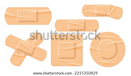 Medical adhesive bandages set vector illustration. Realistic 3d beige sticky plaster patches for first aid of tape, circle and square shapes, pharmaceutical medicare to help wound isolated on white