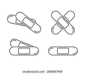 Medical adhesive plaster, linear icons set. Single and crisscross version. Outline simple vector of rectangular sticking plaster. Contour isolated pictogram on white background