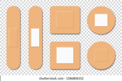 Medical adhesive plaster. Set of medical patches and bandages. Elastic and sticky tape for damaged skin. Vector