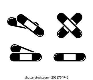 Medical adhesive plaster, silhouette icons set. Single and crisscross version. Black simple vector of rectangular sticking plaster. Contour isolated pictogram on white background