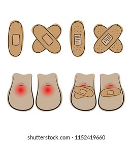Medical adhesive tape plasters vector set. Illustration of medical plaster, protection and care. Little patch on the ankle of feet, skin red that hurts.
