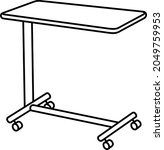 Medical adjustable overbed bedside table with wheels. Vector outline illustration.