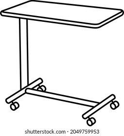 Medical adjustable overbed bedside table with wheels. Vector outline illustration.