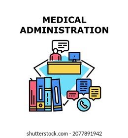 Medical Administration Vector Icon Concept. Medical Administration Answering On Call, Consulting Patient And Working With Document. Clinic Receptionist Professional Occupation Color Illustration
