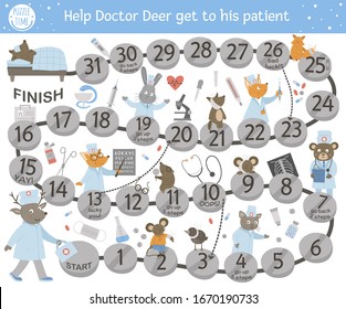 Medical adventure board game for children with cute characters. Educational medicine boardgame. Go through the hospital activity. Help doctor deer get to his patient