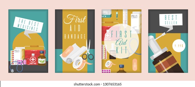 Medical advertisement for pharmacy vector illustration. Set of cards and banners with medical tools and pills. The best medicines. First aid kit and bandage. Best seller.