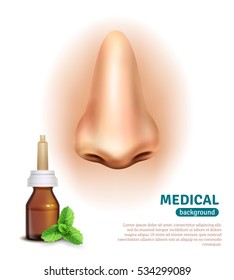 Medical advertisement poster with mint nasal spray for cold relief and big nose on background realistic vector illustration 