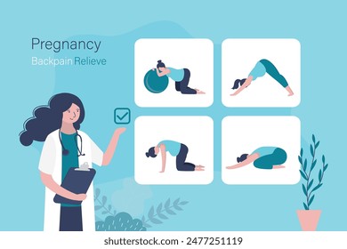 Medical advice pregnancy back pain relieve. Pregnancy stretches for back pain relieving. Infographic with pregnant woman on yoga mat doing hatha yoga poses. Female doctor. flat vector illustration