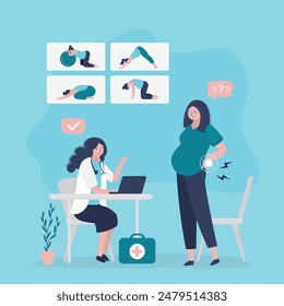 Medical advice pregnancy back pain relieve for pregnant woman. Lady with tummy stretching for back pain relieving. Infographic with pregnant girl doing yoga poses. Female doctor talking with patient.