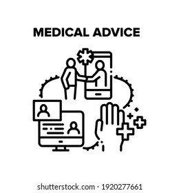 Medical Advice Vector Icon Concept. Medical Advice Examining And Consultation Patient Online, Expert Advisor Helping Illness People Phone And Computer Application Black Illustration