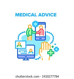 Medical Advice Vector Icon Concept. Medical Advice Examining And Consultation Patient Online, Expert Advisor Helping Illness People Phone And Computer Application Color Illustration