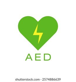 Medical AED public advertising sticker. Defibrillator inside wallpaper banner with green heart logo and yellow lightning creative icon. Automated external defibrillator graphic sign. Clip art template