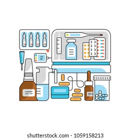 Medical aid concept in flat line style. The First Aid Case is contain Flasks of medicine vital to the survival of people. isolated on white background. Vector illustration eps 10