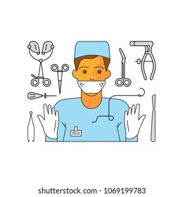 Medical aid concept in flat line style. Surgeon and equipment isolated on white background. Surgery doctor. Vector illustration eps 10