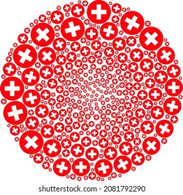 Medical aid icon centrifugal spheric collage. Medical aid signs are combined into spheric twist mosaic structure. Abstraction round cluster mosaic is designed from regular medical aid items.