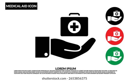 Medical aid icon with hand offering first aid kit, Black silhouette hand holding medical aid kit icon, First aid box vector symbol, Healthcare support illustration