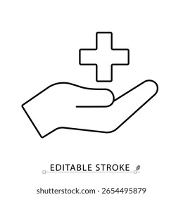 A medical aid icon in minimalist style with editable stroke. Helping hand, health support, emergency care, cross symbol, treatment access, first response, healthcare service