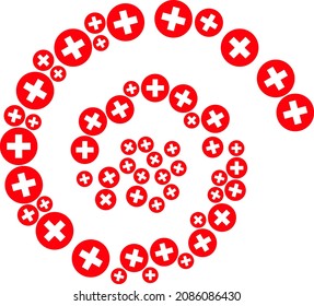 Medical aid icon spiral mosaic. Medical aid icons are shaped into twist mosaic structure. Abstraction spiral designed from randomly placed medical aid symbols.