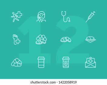 Medical aid line icon set. Stethoscope, syringe, pills. Medicine concept. Can be used for topics like medication, treatment, emergency