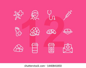 Medical aid line icon set. Stethoscope, syringe, pills. Medicine concept. Can be used for topics like medication, treatment, emergency