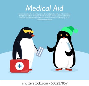 Medical aid. Penguin gives quick medical aid to his friend. Penguin animals with winter landscape on background. Funny polar winter bird banner poster greeting card. Treatment. Vector illustration