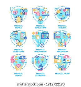 Medical Aid Set Icons Vector Color Illustrations. Medical World And Innovation, Questions And Education, Heart Tablets And Elements, Hospital Reception And Team Doctor And Nurse Color Illustrations