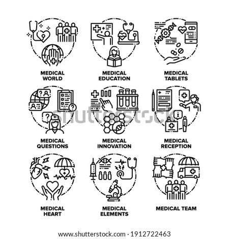 Medical Aid Set Icons Vector Black Illustrations. Medical World And Innovation, Questions And Education, Heart Tablets And Elements, Hospital Reception And Team Doctor And Nurse Black Illustrations