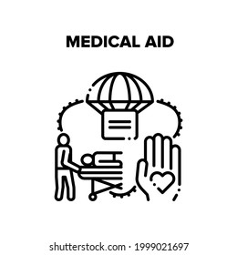 Medical Aid Vector Icon Concept. Emergency Medical Aid And Transportation To Hospital For Treatment Disease. Medicine Healthcare And Ambulance Urgency Help, Life Care Black Illustration