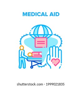 Concepto de icono del vector de ayuda médica. Asistencia Médica De Emergencia Y Transporte Al Hospital Para El Tratamiento De Enfermedades. Ayuda De Urgencia De Medicina Y Ambulancias, Ilustración De Color De La Atención De La Vida
