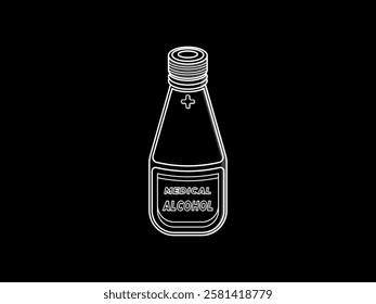 Medical alcohol bottle icon illustration design, medical alcohol for first aid, medical and pharmacy needs, flat icon vector with only white outline and isolated on black background