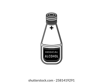 Medical alcohol bottle icon illustration design, medical alcohol for first aid, medical and pharmacy needs, realistic flat icon vector in black and white style and isolated on white background