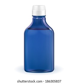 Medical Or Alcohol Glass Blue Navy Bottle On White Background Isolated. 