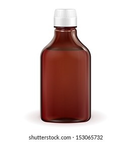 Medical Or Alcohol Glass Brown Bottle On White Background Isolated. Ready For Your Design. Product Packing. Vector EPS10