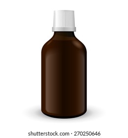 Medical Or Alcohol Glass Brown Bottle On White Background Isolated. Ready For Your Design. Product Packing. Vector EPS10