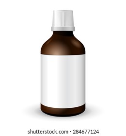 Medical Or Alcohol Glass Brown Bottle On White Background Isolated. Ready For Your Design. Product Packing. Vector EPS10