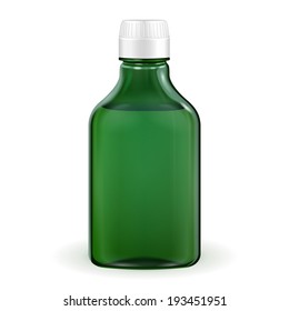 Medical Or Alcohol Glass Green Navy Bottle On White Background Isolated.