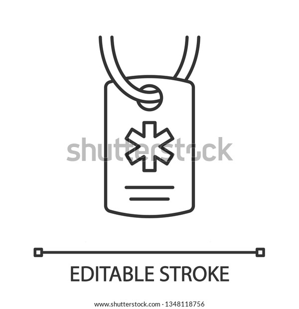 Medical alert ID necklace linear icon. First aid,\
emergency accessory. ID alert jewelry. Identification tag. Thin\
line illustration. Contour symbol. Vector isolated outline drawing.\
Editable stroke