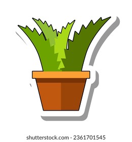 Medical aloe plant in clay pot flat paper sticker. Useful flower with pointed leaves in ceramic flowerpot growing indoors isolated on white background. Gardening, nature, decoration concept