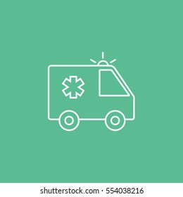 Medical Ambulance Bus Line Icon On Green Background