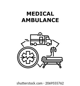 Medical Ambulance Car Vector Icon Concept. Medical Ambulance Car For Fast Transportation Patient To Hospital And Urgency First Aid. Emergency Van Vehicle For Help Black Illustration
