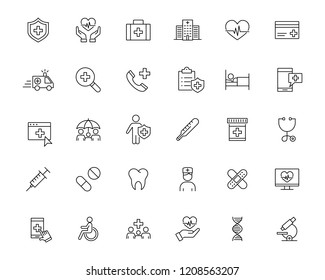 medical ambulance health insurance line black icons set