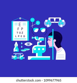 Medical ambulance icons in flat style. Ophthalmology icons isolated on dark blue  background. Vector illustration eps 10