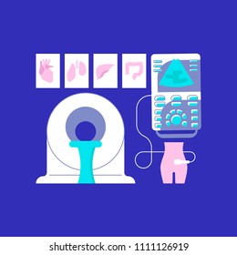 Medical ambulance icons in flat style. Ultrasonography and CT scan icons isolated on dark blue background. Vector illustration eps 10