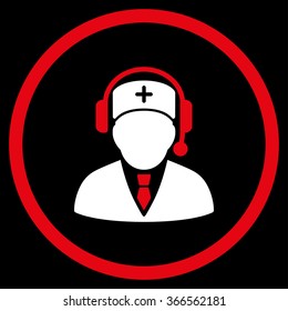 Medical Ambulance Manager vector icon. Style is bicolor flat circled symbol, red and white colors, rounded angles, black background.