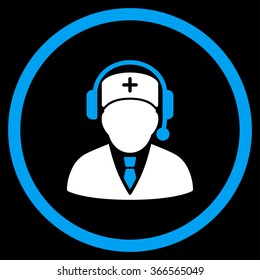 Medical Ambulance Manager vector icon. Style is bicolor flat circled symbol, blue and white colors, rounded angles, black background.