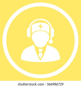 Medical Ambulance Manager vector icon. Style is flat circled symbol, white color, rounded angles, yellow background.