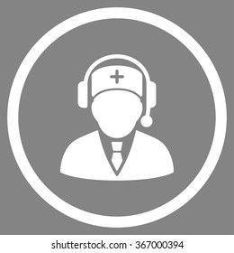 Medical Ambulance Manager vector icon. Style is flat circled symbol, white color, rounded angles, gray background.