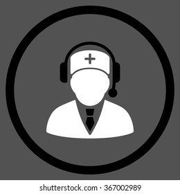 Medical Ambulance Manager vector icon. Style is bicolor flat circled symbol, black and white colors, rounded angles, gray background.