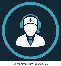Medical Ambulance Manager vector icon. Style is bicolor flat circled symbol, blue and white colors, rounded angles, dark blue background.