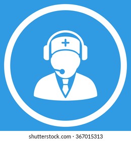 Medical Ambulance Operator vector icon. Style is flat circled symbol, white color, rounded angles, blue background.